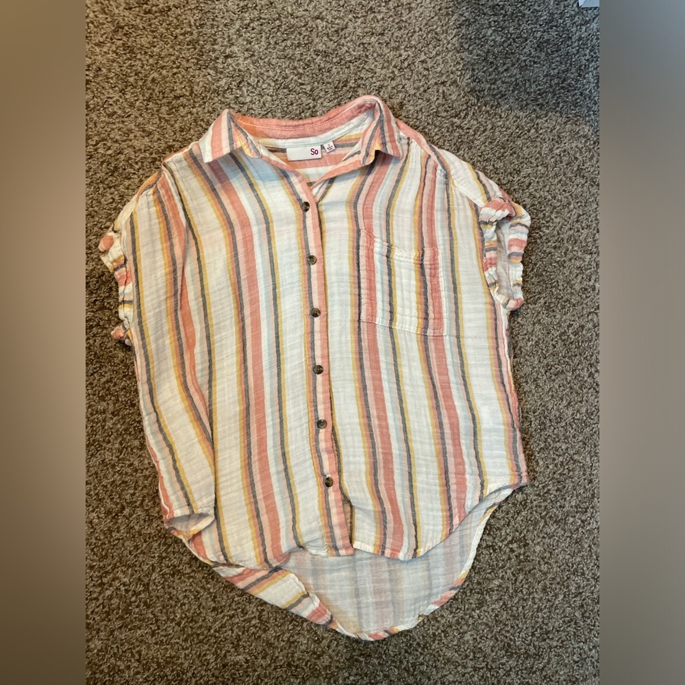 SO Multicolor Striped Short-Sleeve Button-Up — Pink, Mustard & Blue